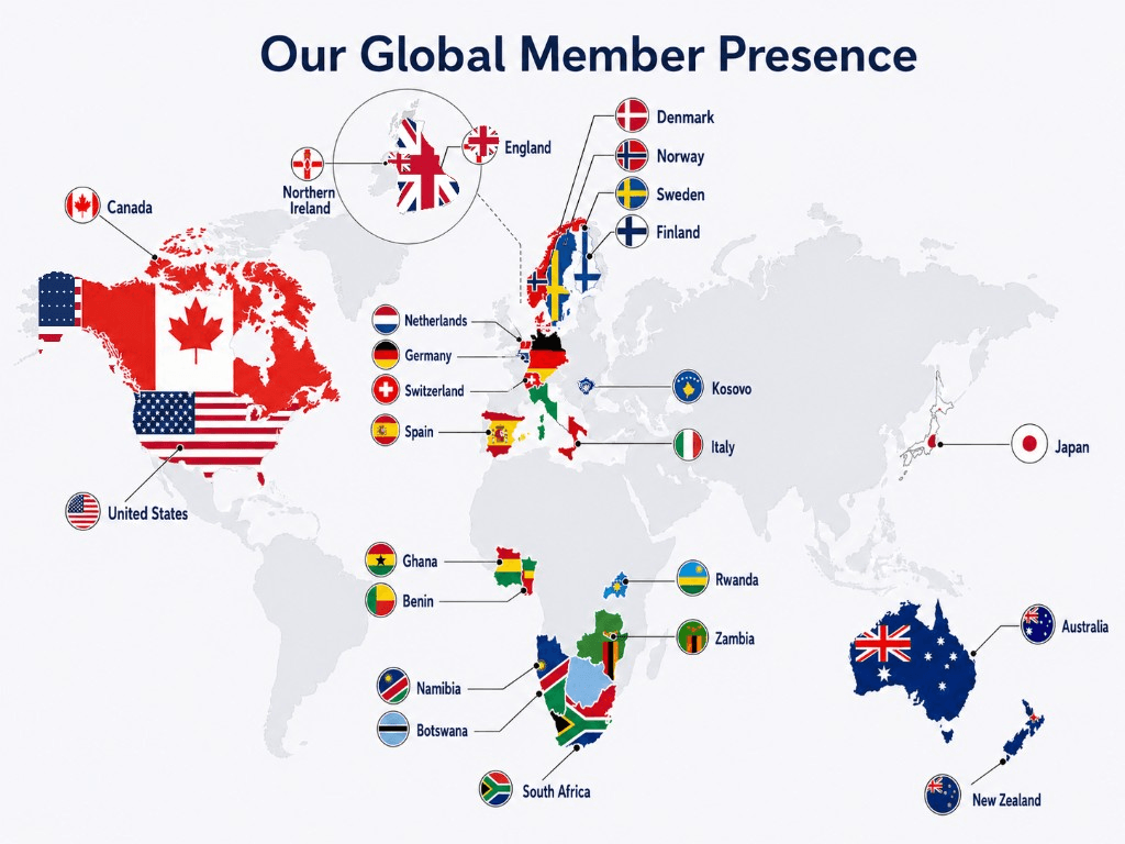 World map showing ForAllDoctors member countries including Canada, United States, United Kingdom, European countries, Ghana, Benin, Rwanda, Zambia, Namibia, Botswana, South Africa, Japan, Australia, and New Zealand